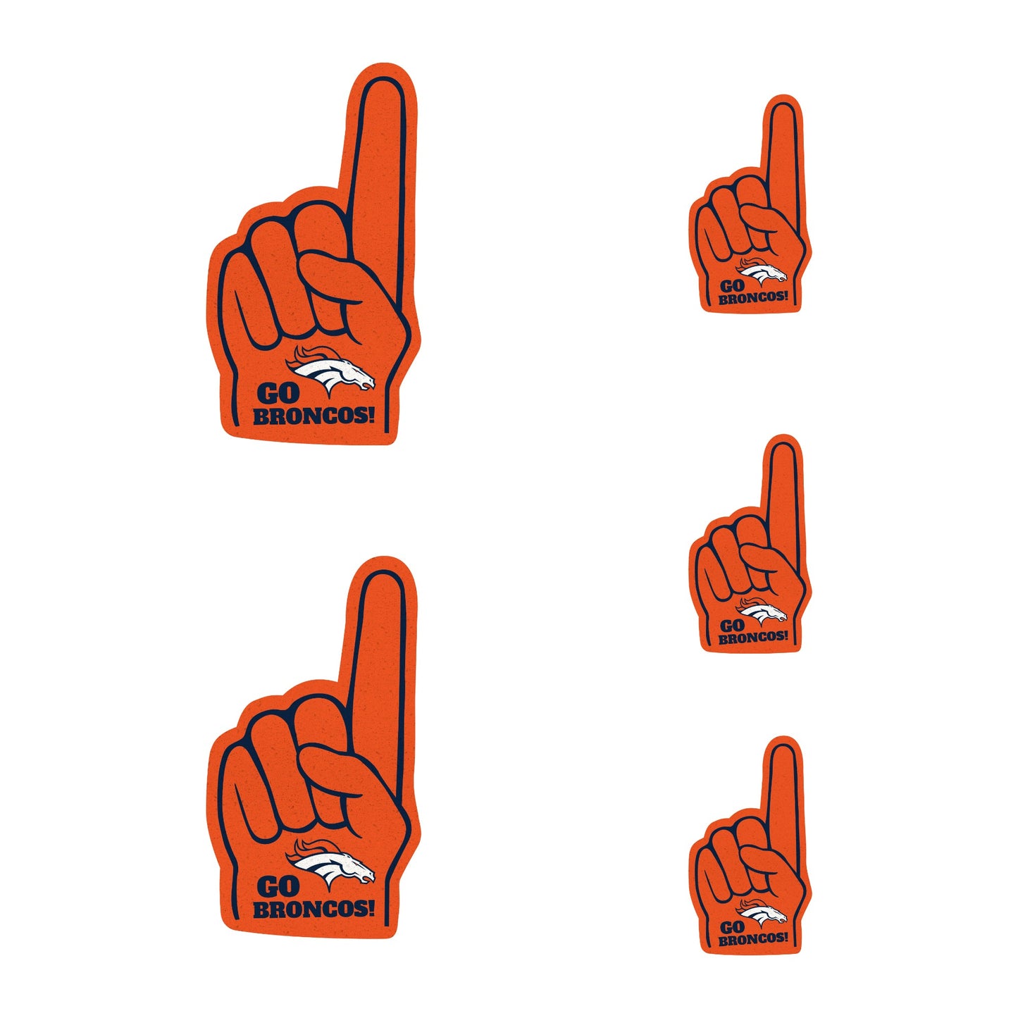 Denver Broncos - 4 Foam Finger Minis (Mixed Sizes) - Official NFL - Reusable Vinyl Decals
