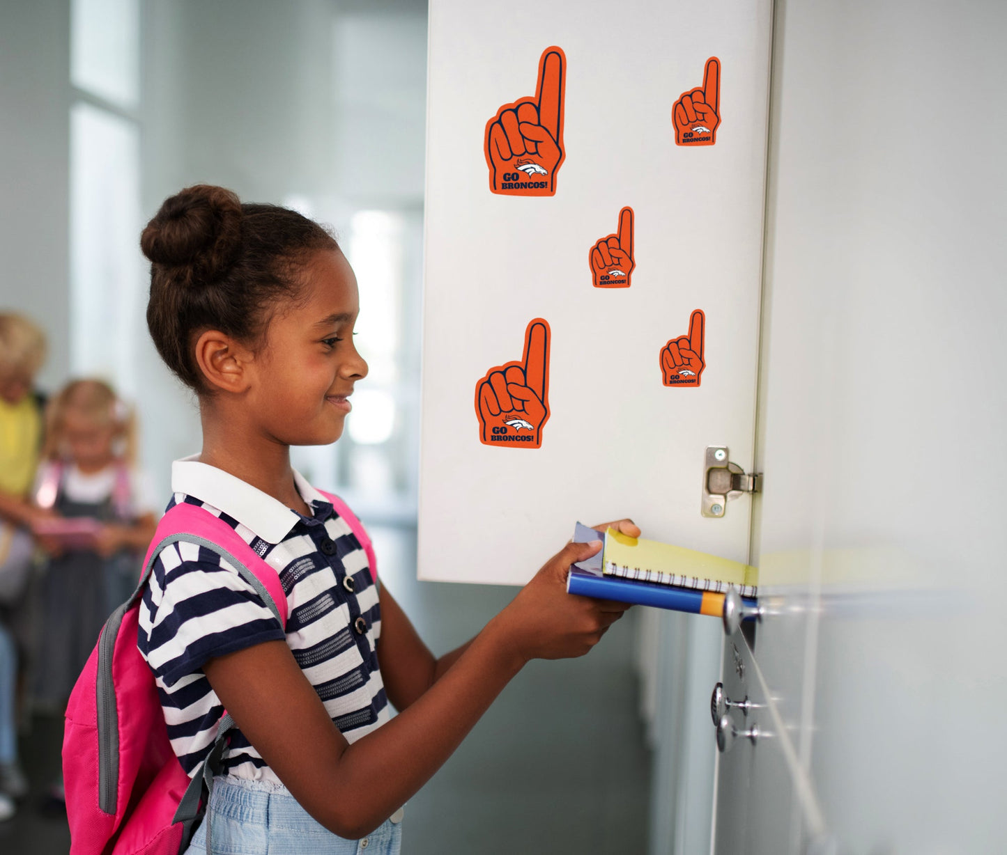 Denver Broncos - 4 Foam Finger Minis (Mixed Sizes) - Official NFL - Reusable Vinyl Decals