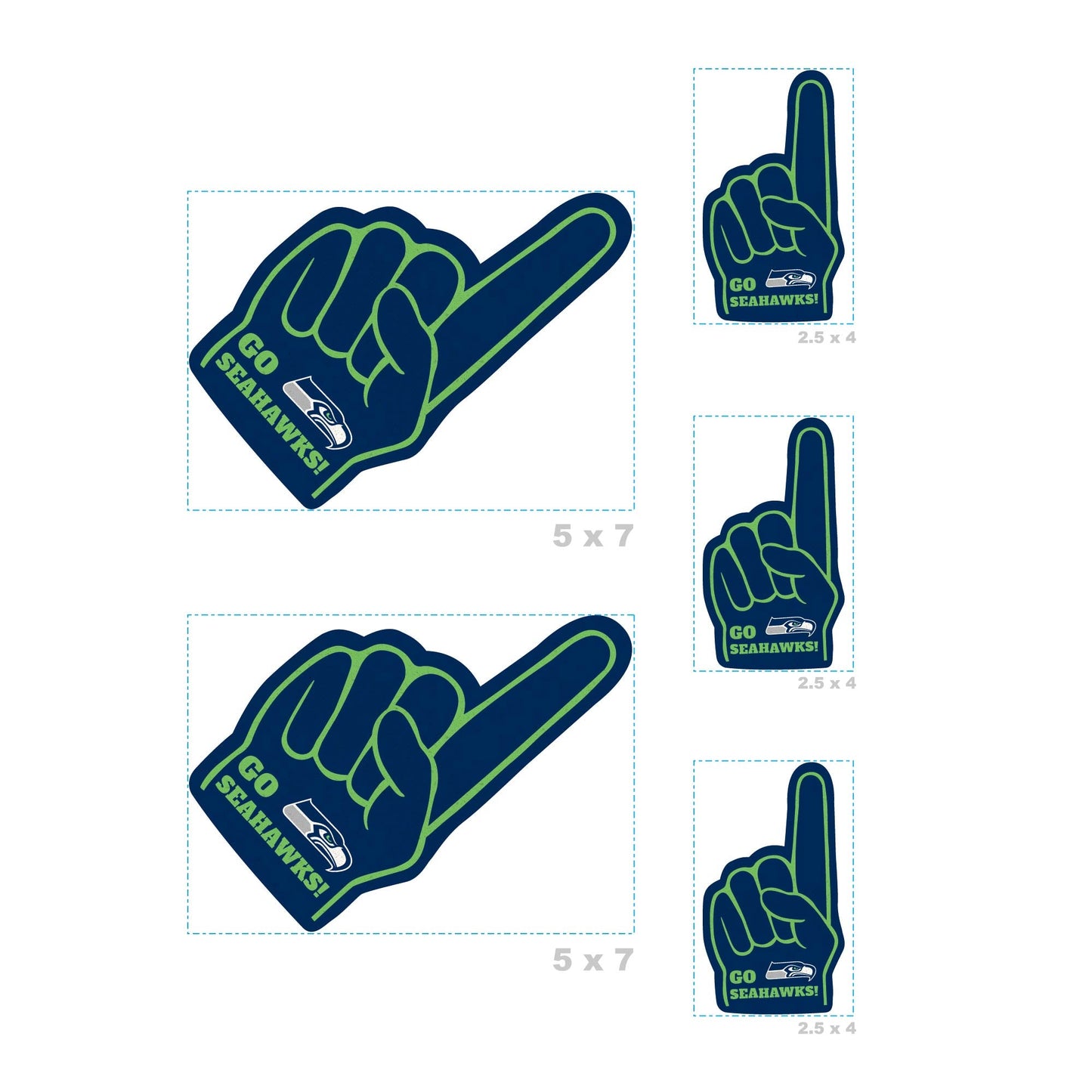 Seattle Seahawks - 4 Foam Finger Minis (Mixed Sizes) - Official NFL - Reusable Vinyl Decals