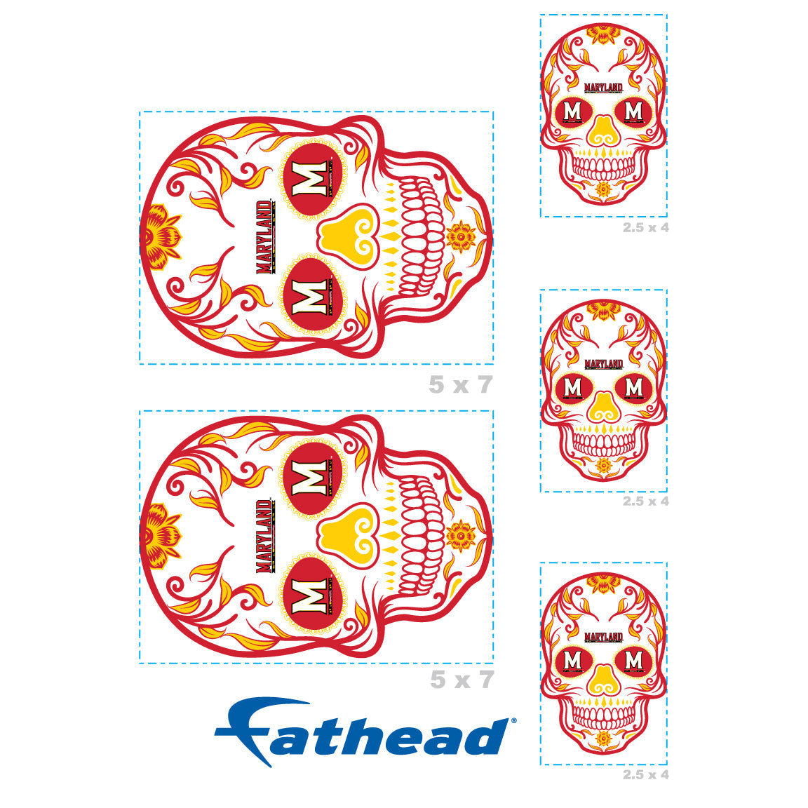 Maryland Terrapins - 5 Sugar Skull Logo Minis (Mixed Sizes) - Official NCAA - Reusable Vinyl Decals