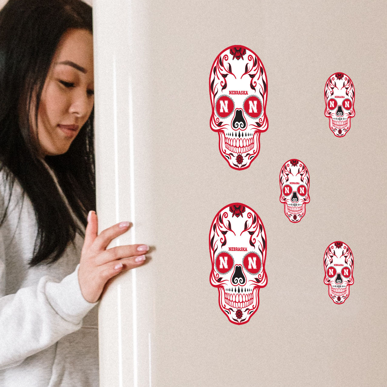 Nebraska Cornhuskers - 5 Sugar Skull Logo Minis (Mixed Sizes) - Official NCAA - Reusable Vinyl Decals