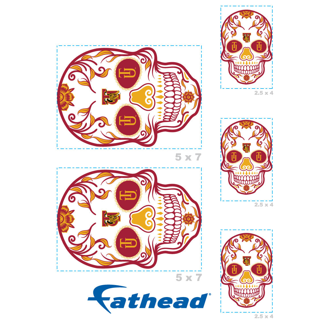 Tuskegee Golden Tigers - 5 Sugar Skull Logo Minis (Mixed Sizes) - Official NCAA - Reusable Vinyl Decals