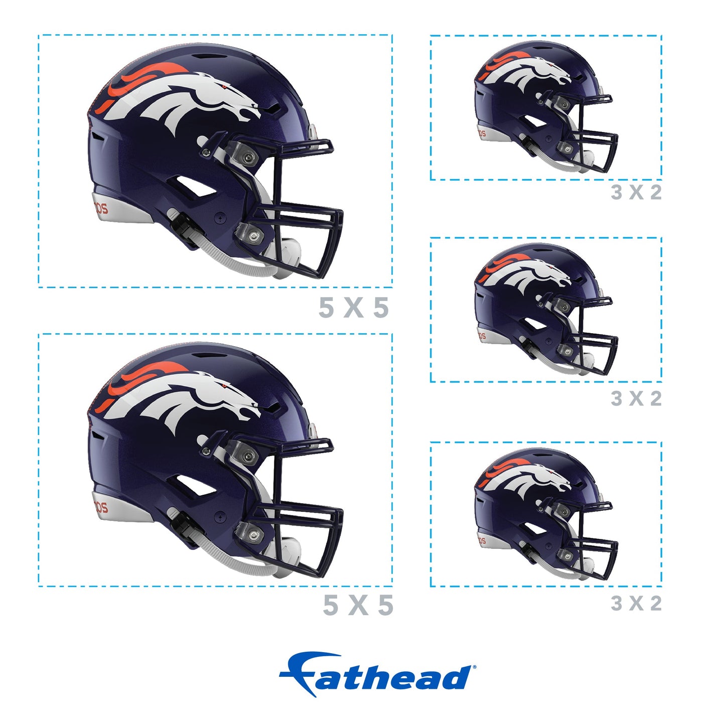 Denver Broncos - 5 Helmet Minis (Mixed Sizes) - Official NFL - Reusable Vinyl Decals