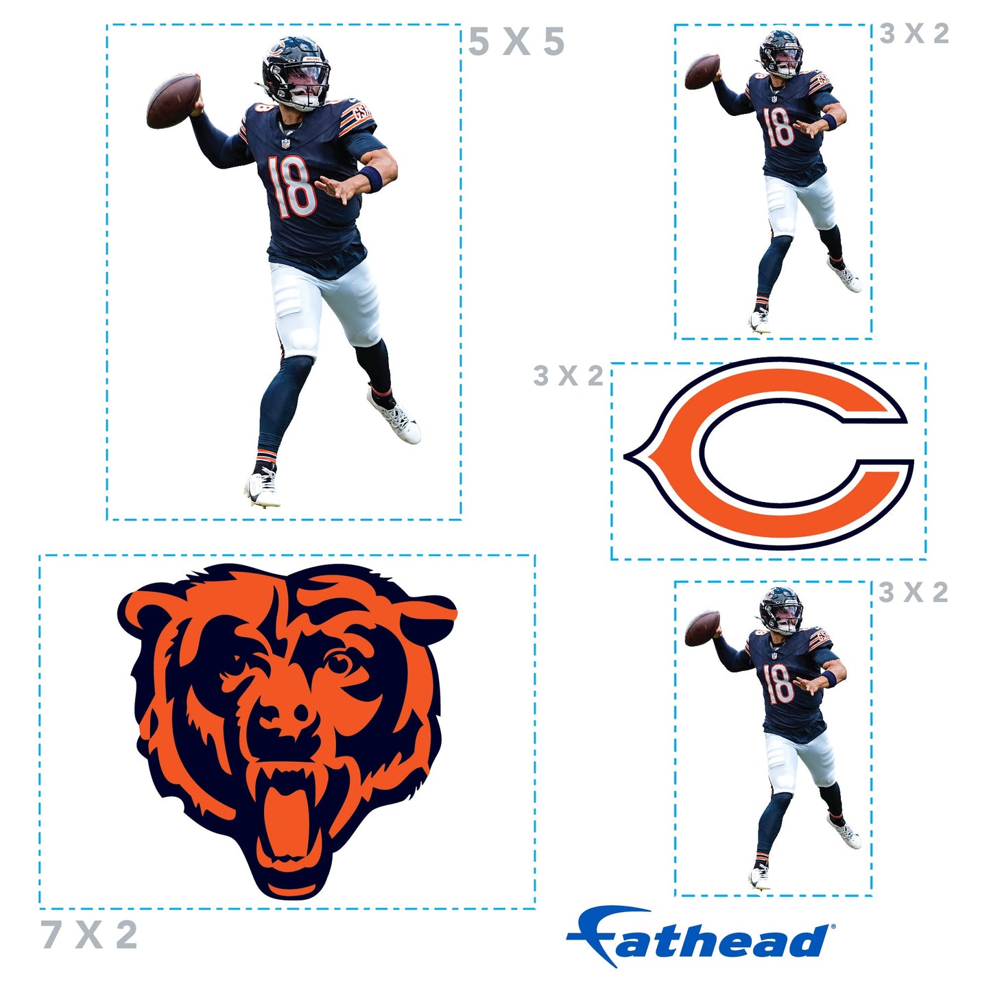 Caleb Williams - 5 Minis (Mixed Sizes) - Official NFL - Chicago Bears - Reusable Vinyl Decals