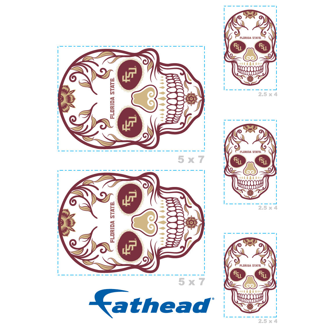 Florida State Seminoles - 5 Sugar Skull Logo Minis (Mixed Sizes) - Official NCAA - Reusable Vinyl Decals