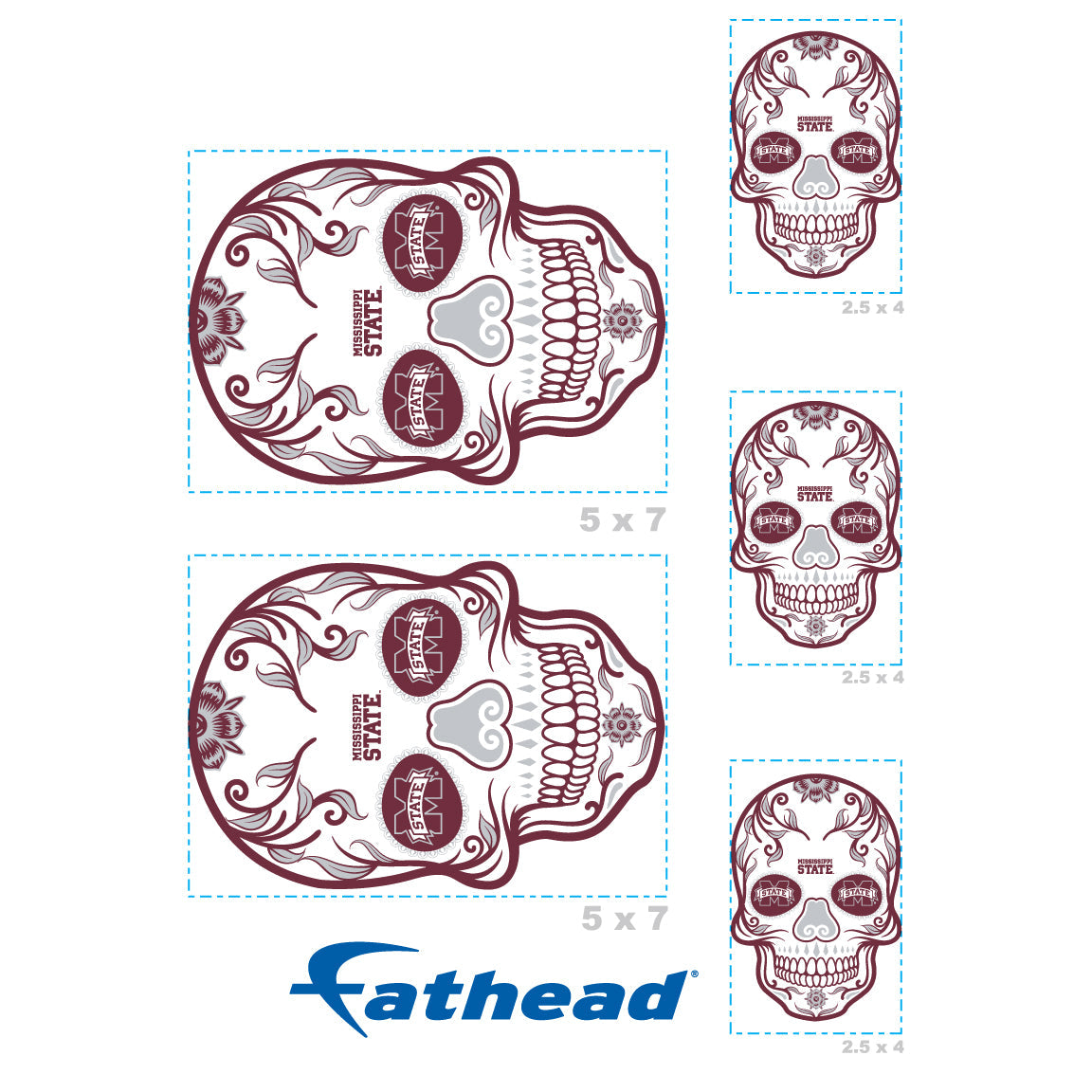 Mississippi State Bulldogs - 5 Sugar Skull Logo Minis (Mixed Sizes) - Official NCAA - Reusable Vinyl Decals