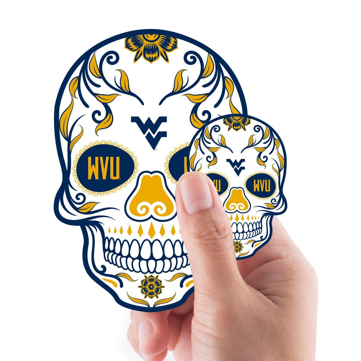 West Virginia Mountaineers - 5 Sugar Skull Logo Minis (Mixed Sizes) - Official NCAA - Reusable Vinyl Decals