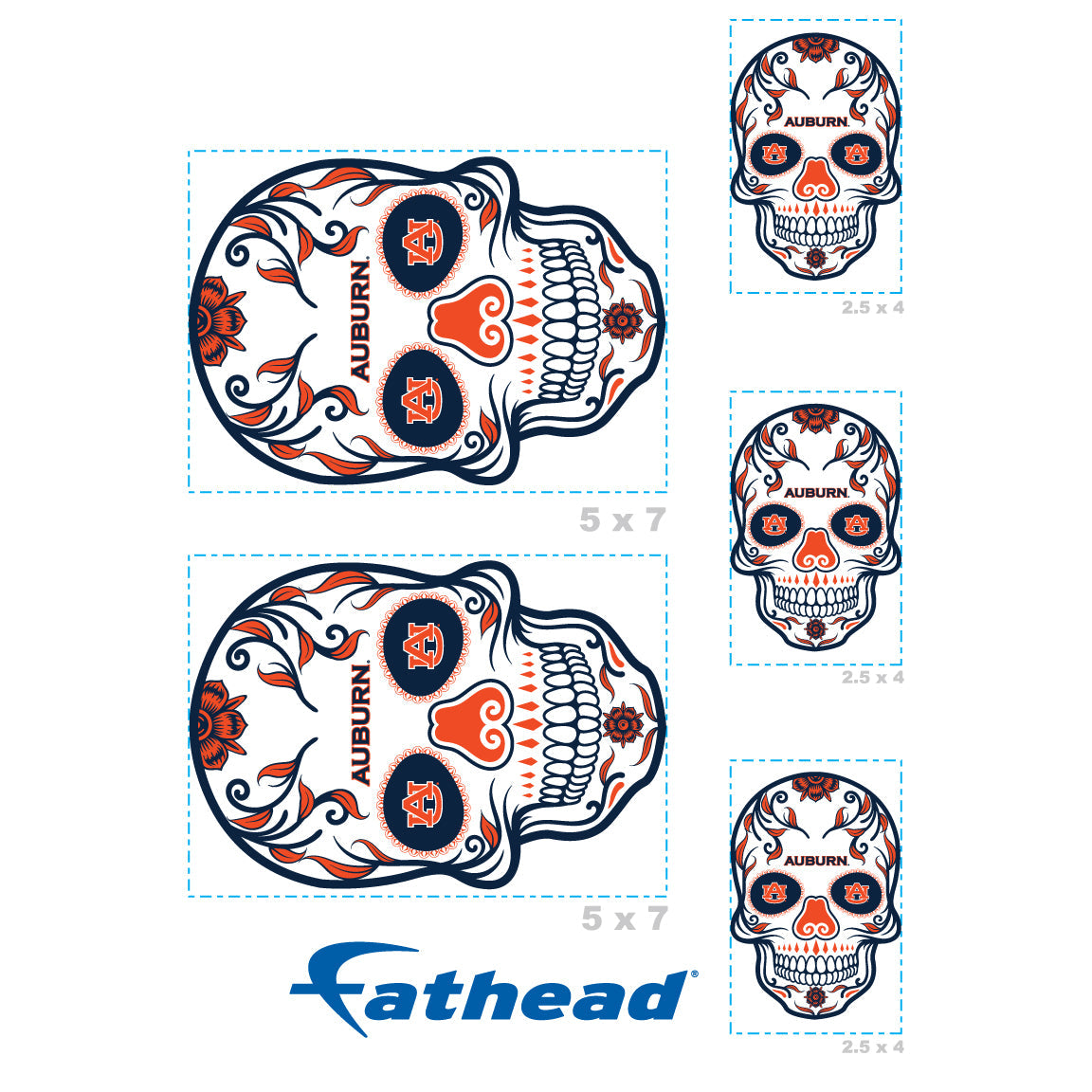 Auburn Tigers - 5 Sugar Skull Logo Minis (Mixed Sizes) - Official NCAA - Reusable Vinyl Decals