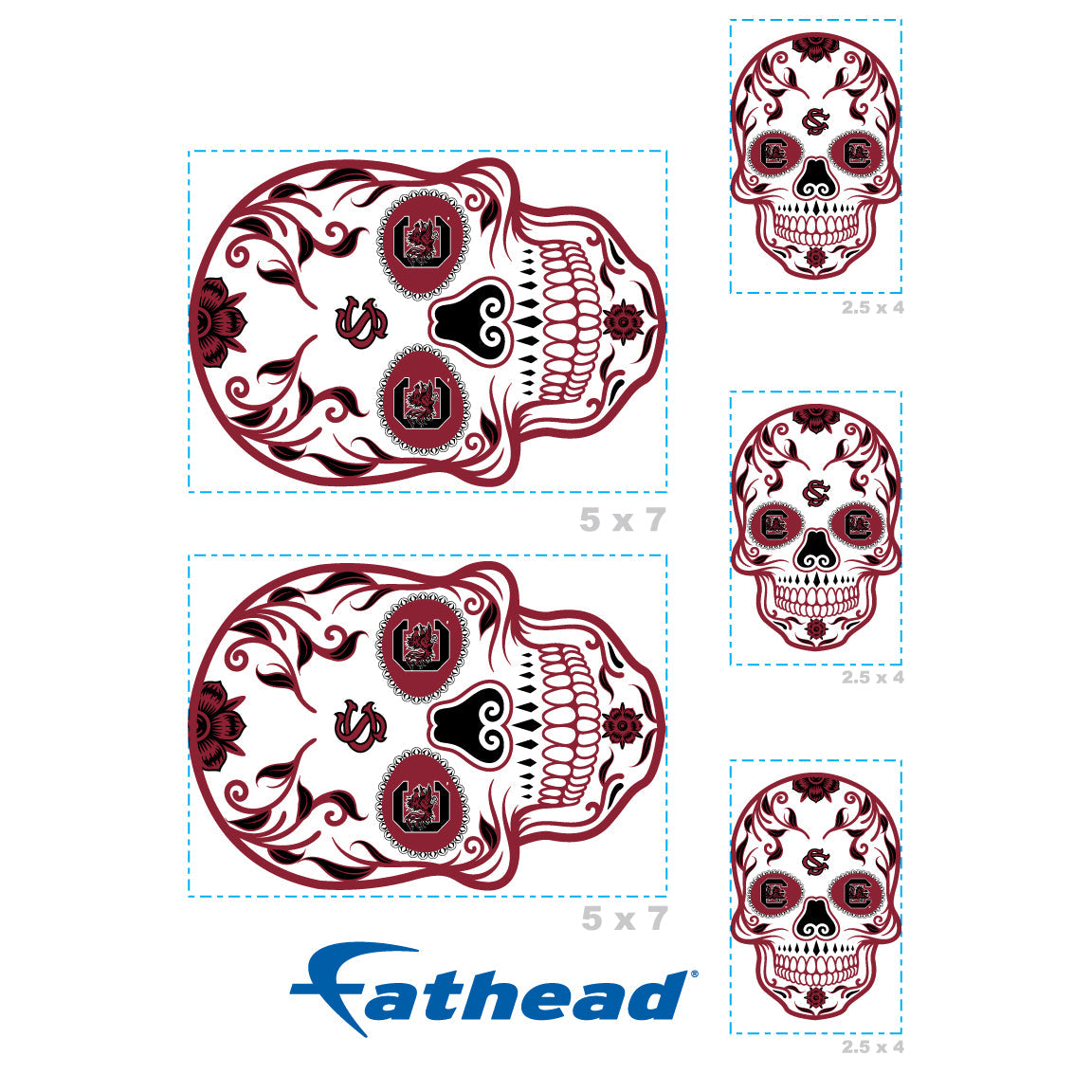 South Carolina Gamecocks - 5 Sugar Skull Logo Minis (Mixed Sizes) - Official NCAA - Reusable Vinyl Decals