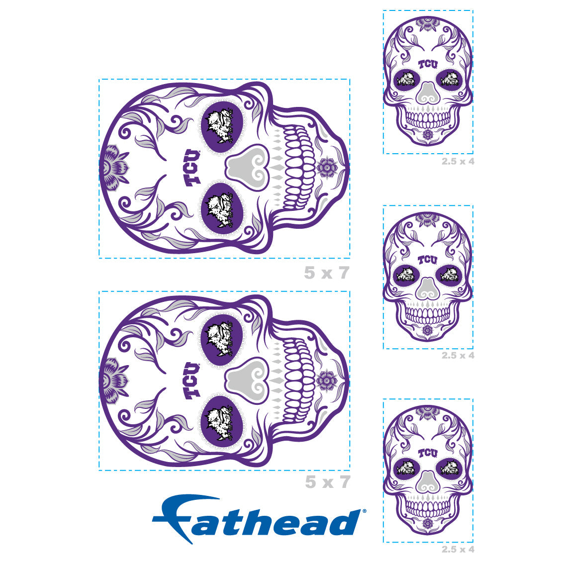 TCU Horned Frogs - 5 Sugar Skull Logo Minis (Mixed Sizes) - Official NCAA - Reusable Vinyl Decals